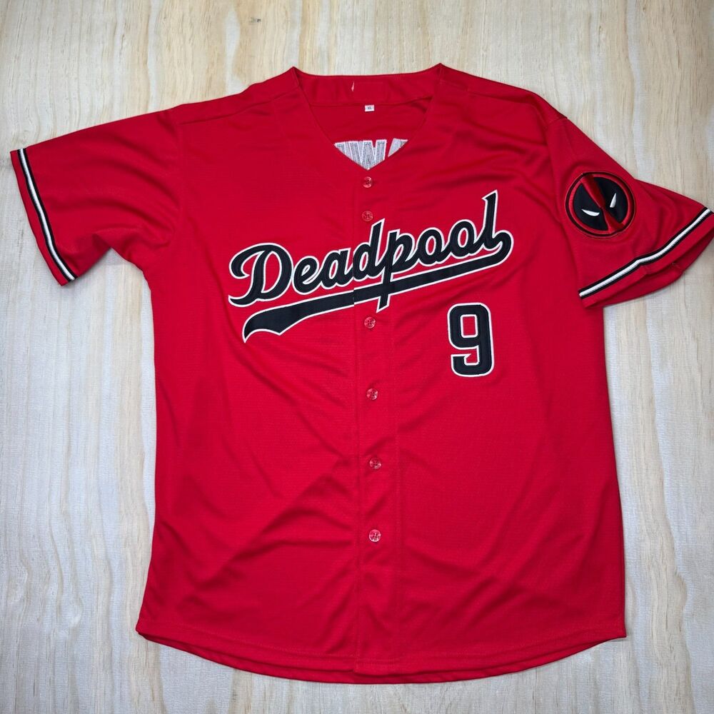 NWOT Deadpool Wade Wilson Park Friends #9 Full Button Baseball Jersey Red XL